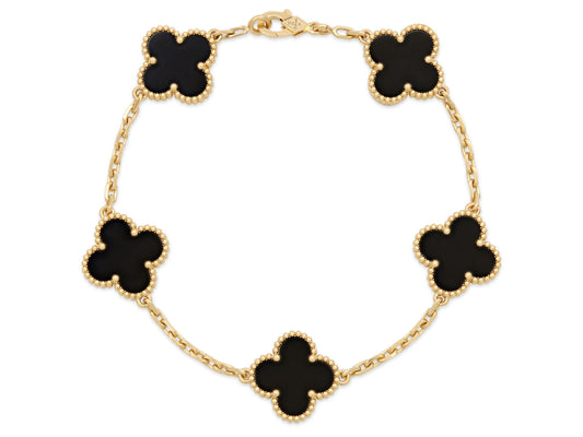 Van Cleef & Arpels 'Vintage Alhambra' 5 Motif Onyx Bracelet in 18K Gold