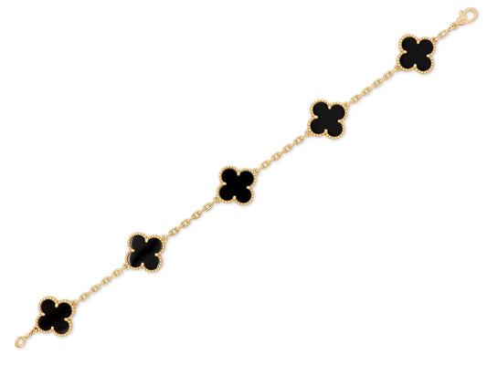 Van Cleef & Arpels 'Vintage Alhambra' 5 Motif Onyx Bracelet in 18K Gold