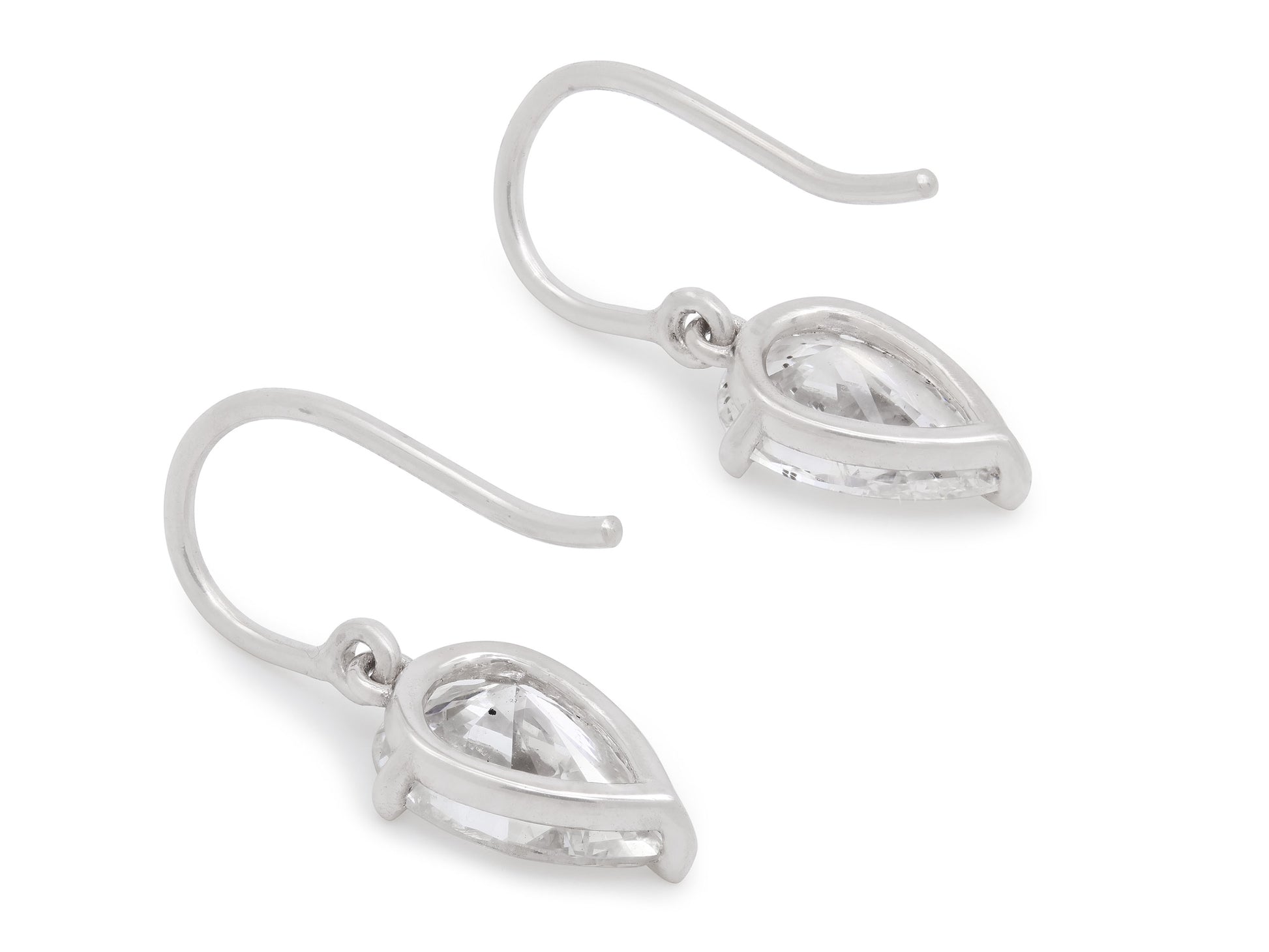 Beladora 'Bespoke' Pear-shape Diamond Drop Earrings, 3.26 carats total, in Platinum, shown as a pair with pear-shaped diamonds and French hooks