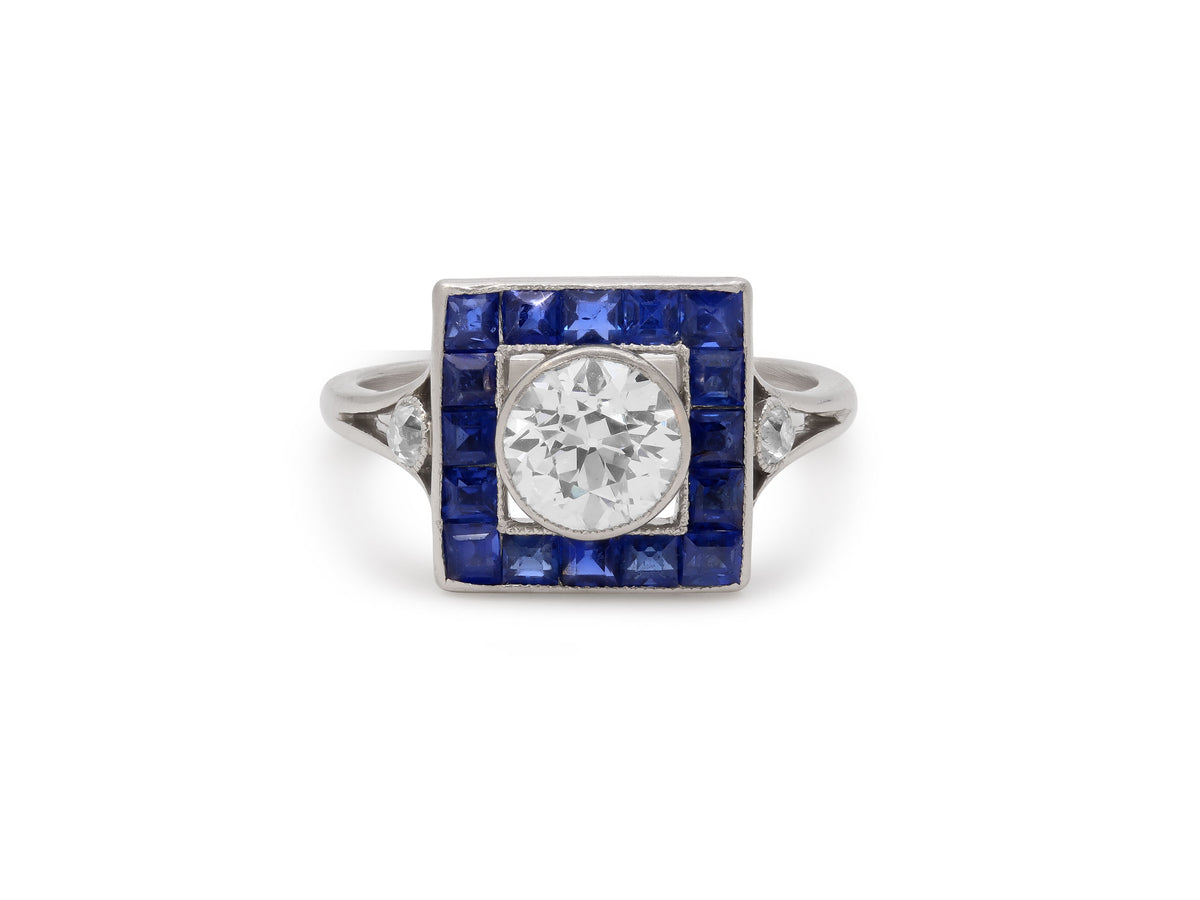 Art Deco Diamond and Sapphire Ring in Platinum
