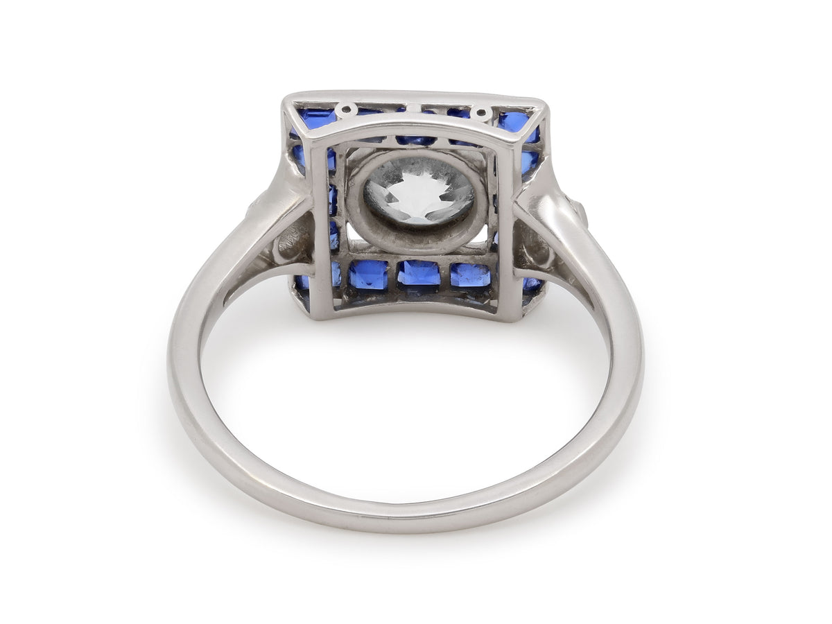 Art Deco Diamond and Sapphire Ring in Platinum