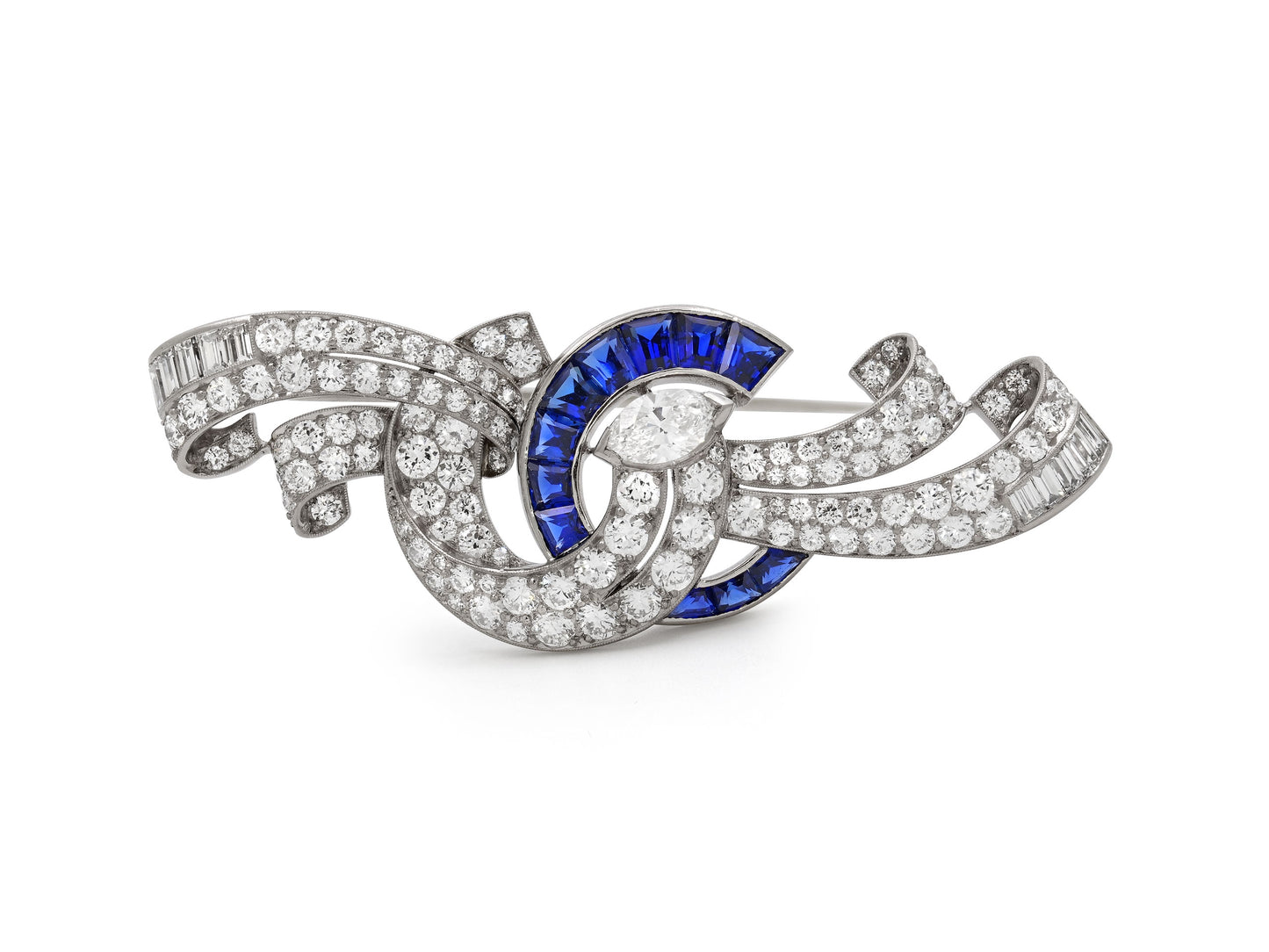 Raymond Yard Mid-Century Diamond and Sapphire Brooch in Platinum