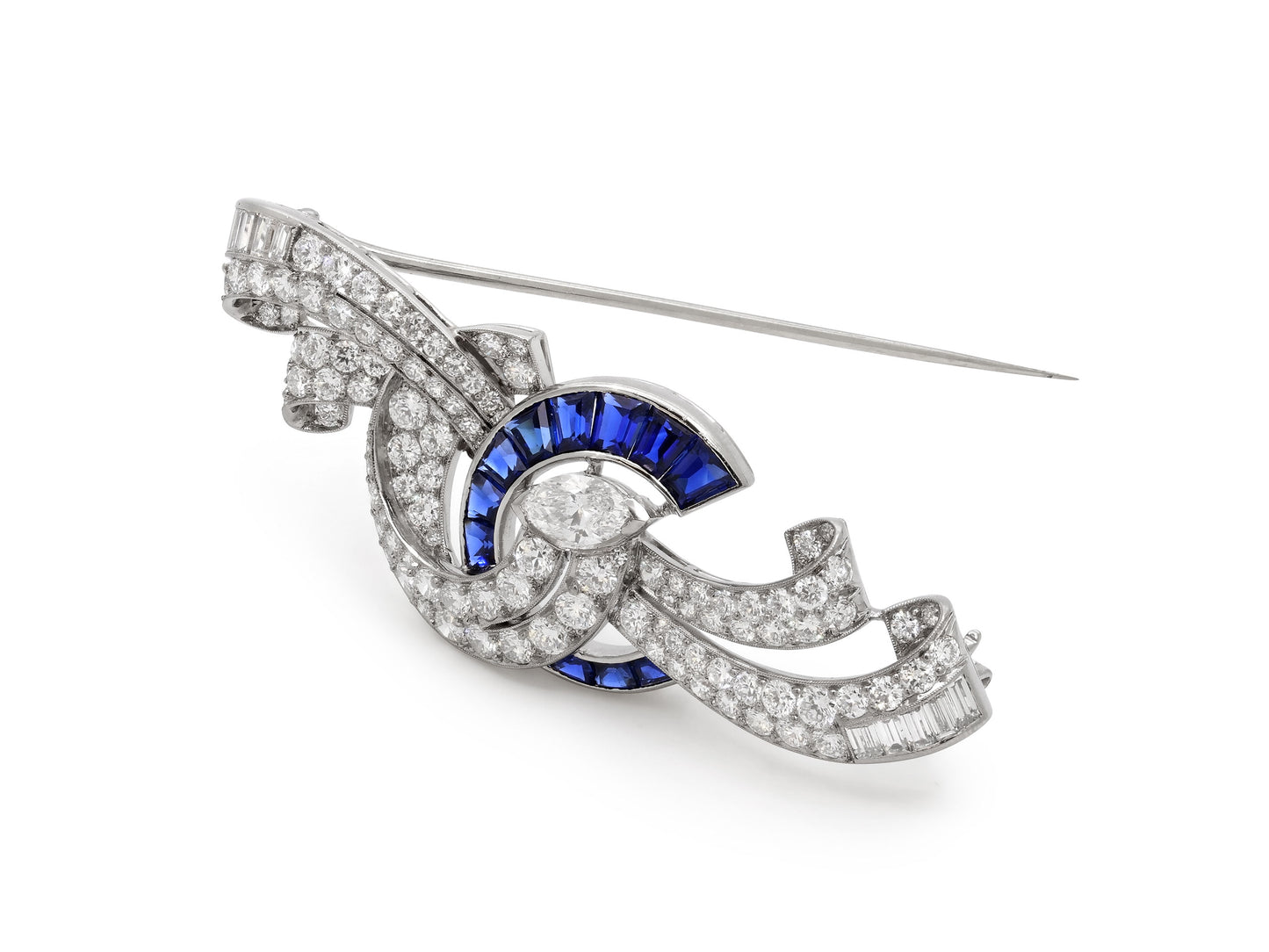 Raymond Yard Mid-Century Diamond and Sapphire Brooch in Platinum