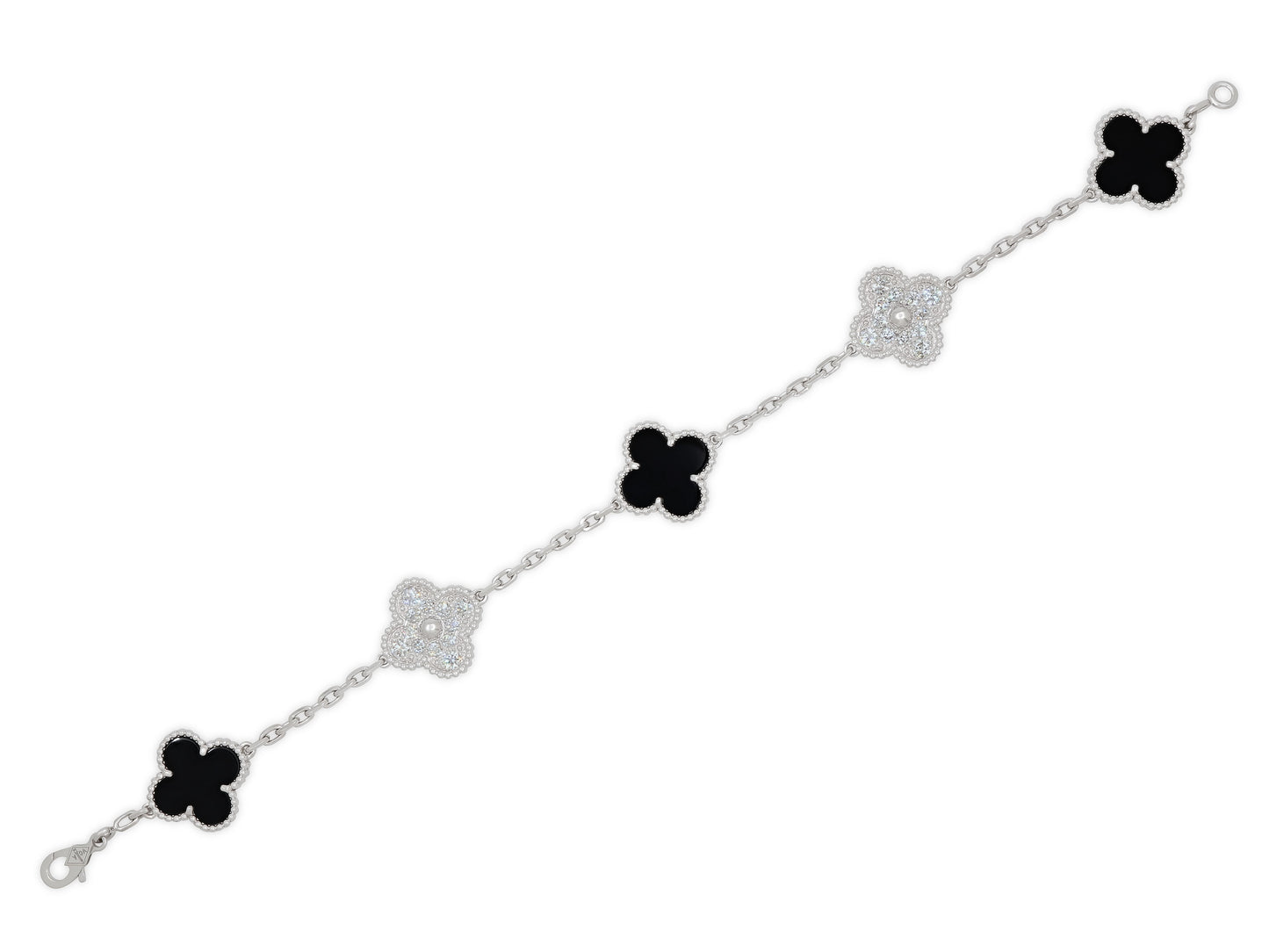 Van Cleef & Arpels 'Vintage Alhambra' Diamond and Onyx Bracelet, 5 Motifs, in 18K White Gold