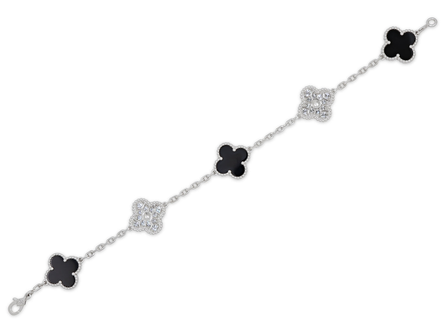 Van Cleef & Arpels 'Vintage Alhambra' Diamond and Onyx Bracelet, 5 Motifs, in 18K White Gold
