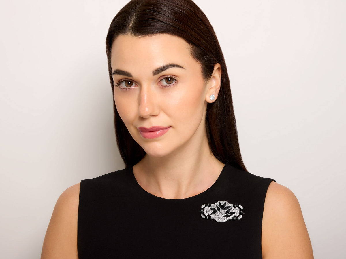 Art Deco Diamond and Onyx Brooch in Platinum