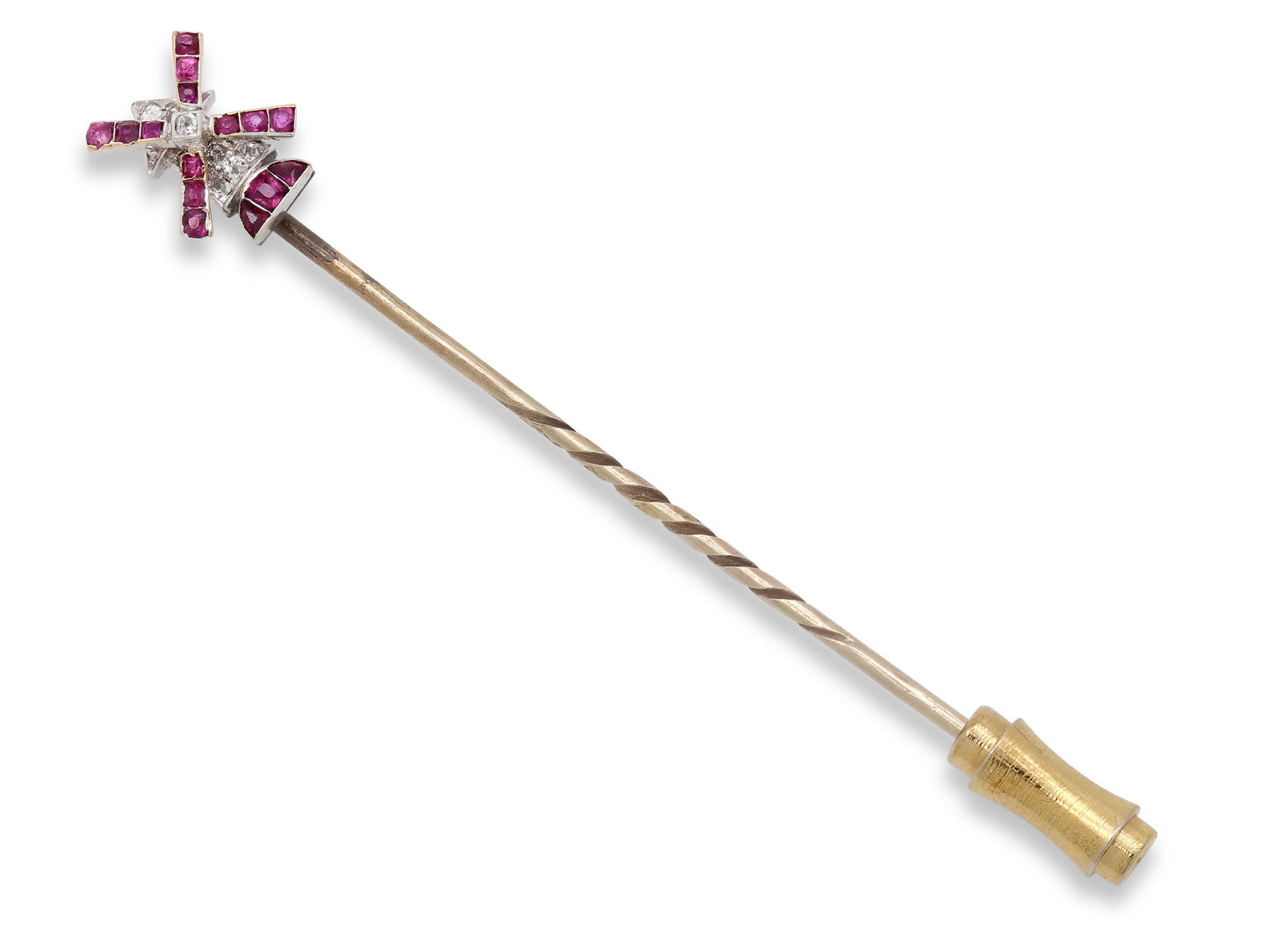 Art Deco Ruby and Diamond Windmill Stick Pin in 18K Gold