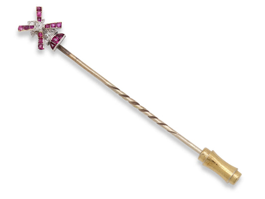 Art Deco Ruby and Diamond Windmill Stick Pin in 18K Gold