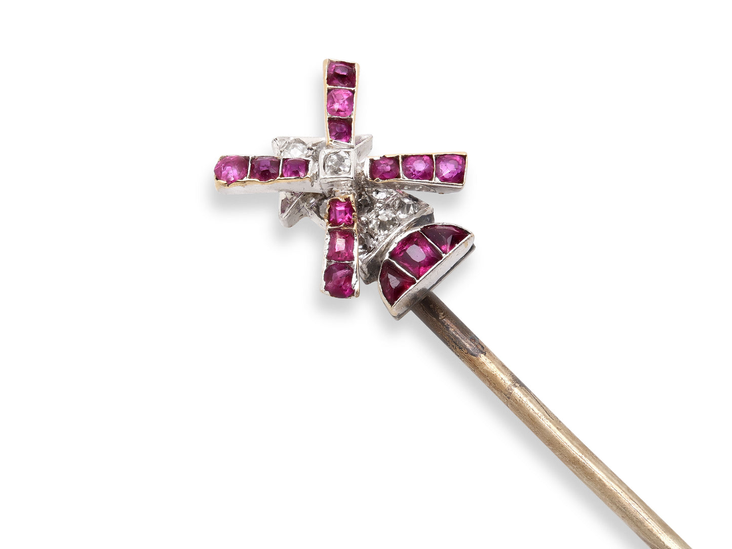 Art Deco Ruby and Diamond Windmill Stick Pin in 18K Gold
