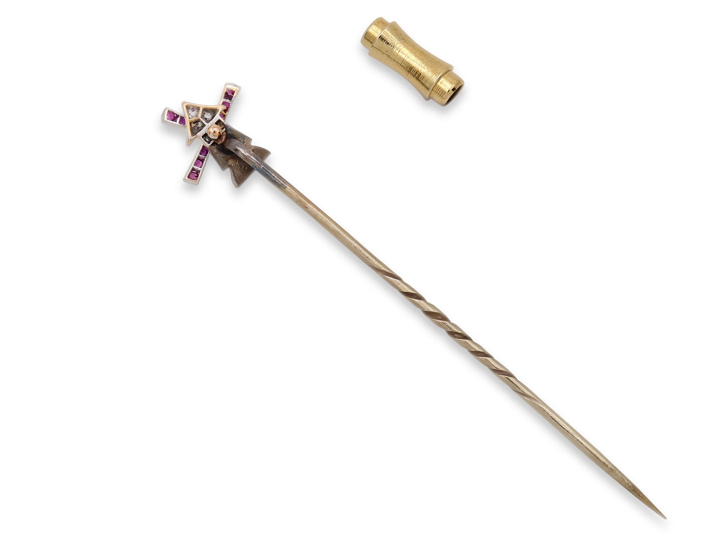 Art Deco Ruby and Diamond Windmill Stick Pin in 18K Gold