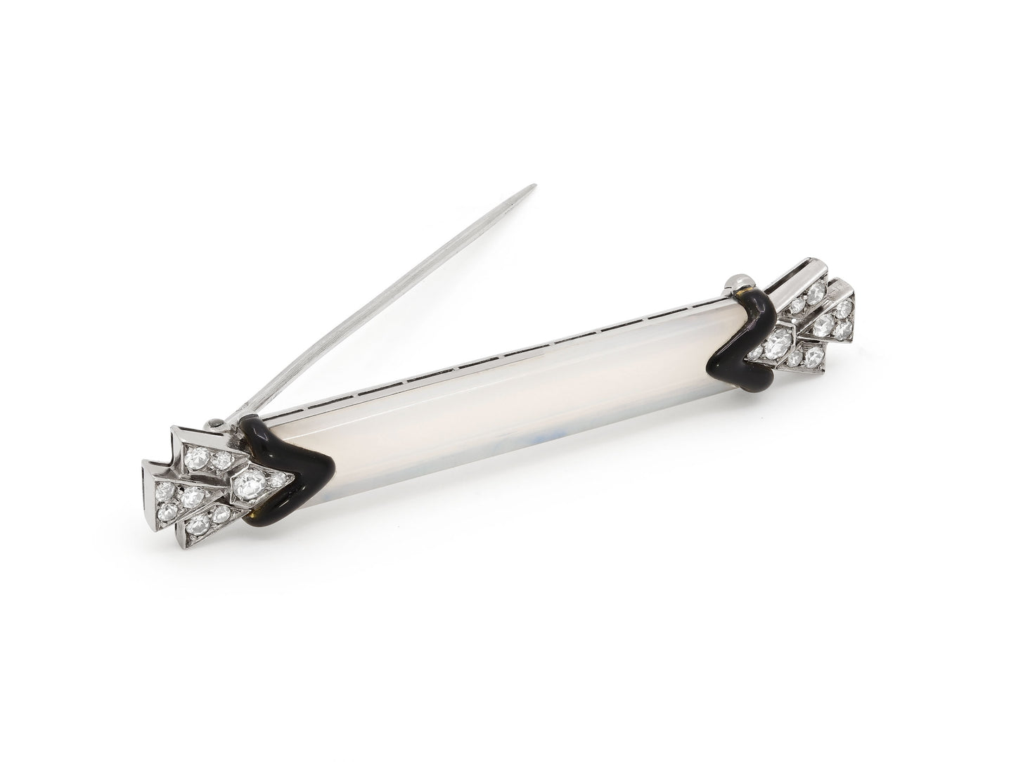 Art Deco Diamond, Enamel and Chalcedony Pin in Platinum