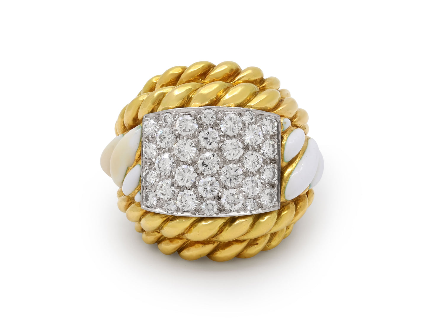 David Webb 'Rope' White Enamel and Diamond Ring in 18K Gold