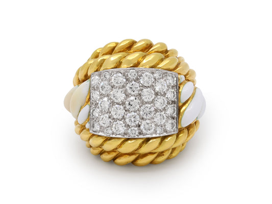 David Webb 'Rope' White Enamel and Diamond Ring in 18K Gold