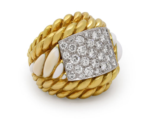 David Webb 'Rope' White Enamel and Diamond Ring in 18K Gold