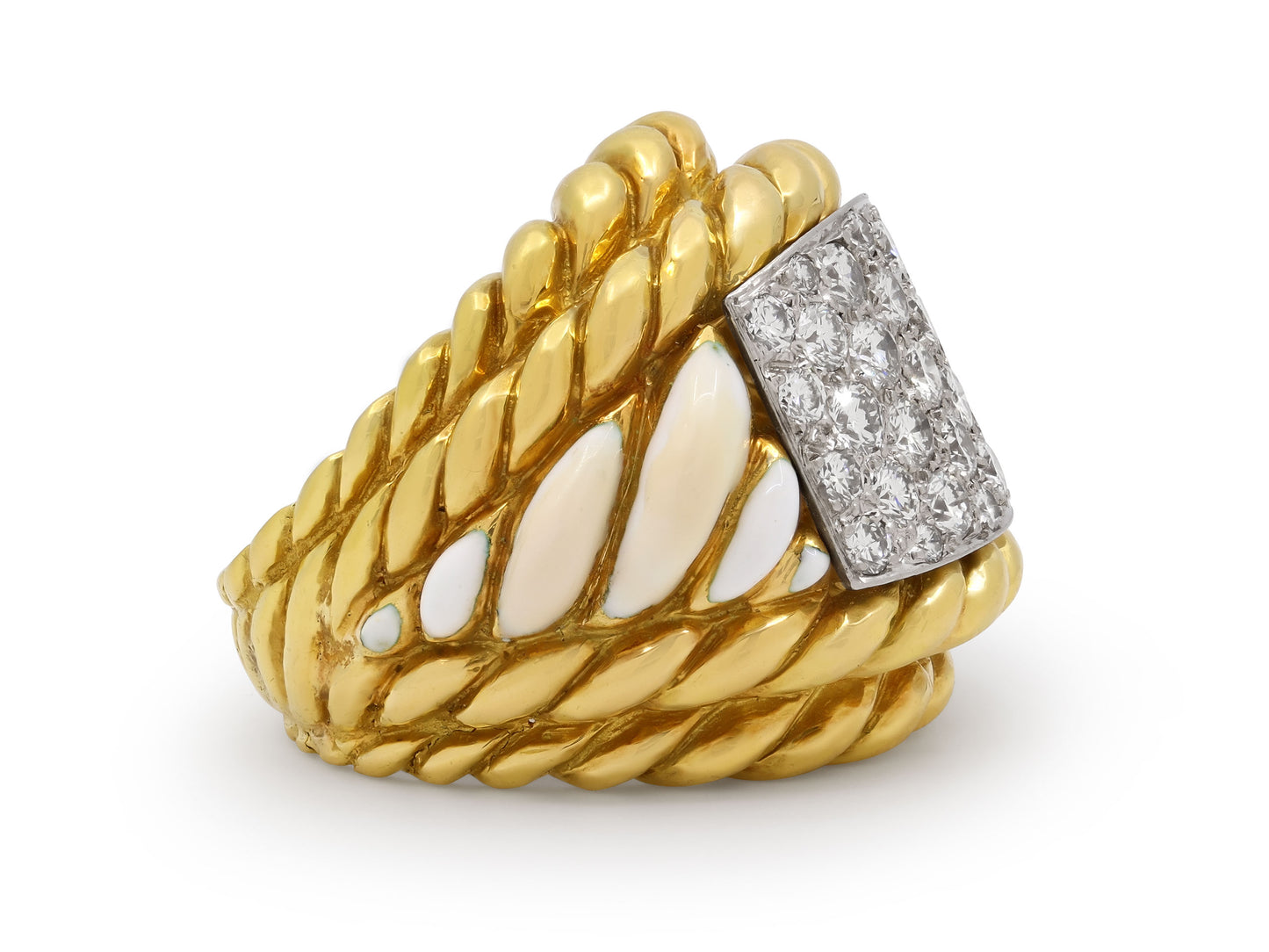 David Webb 'Rope' White Enamel and Diamond Ring in 18K Gold