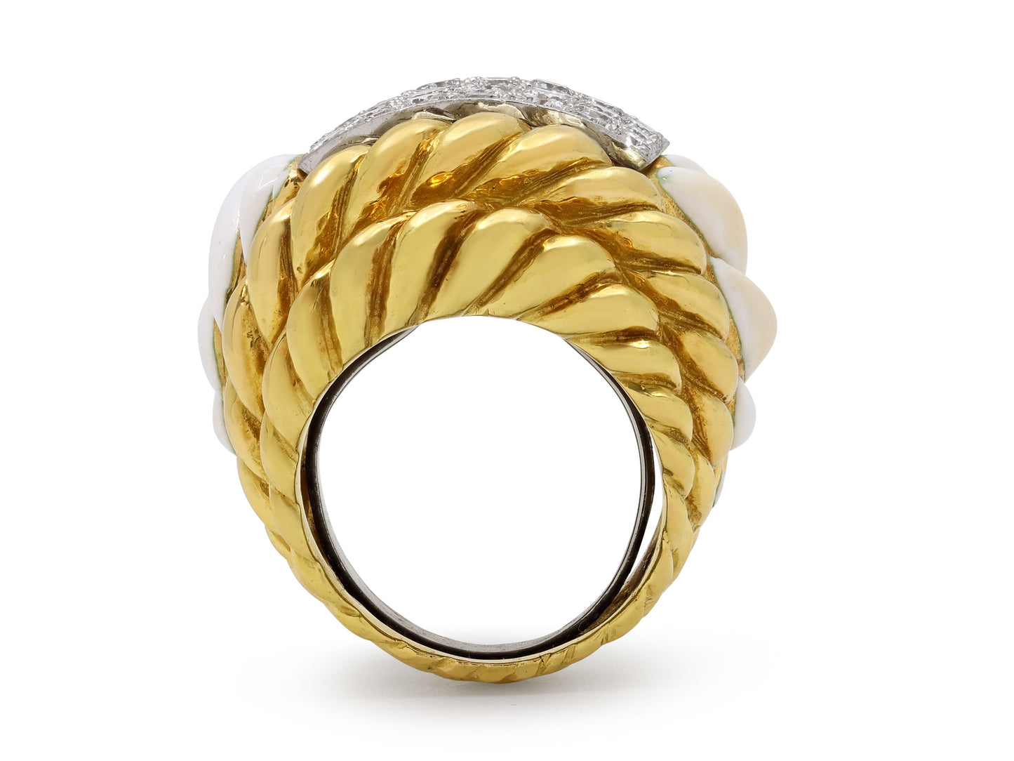 David Webb 'Rope' White Enamel and Diamond Ring in 18K Gold