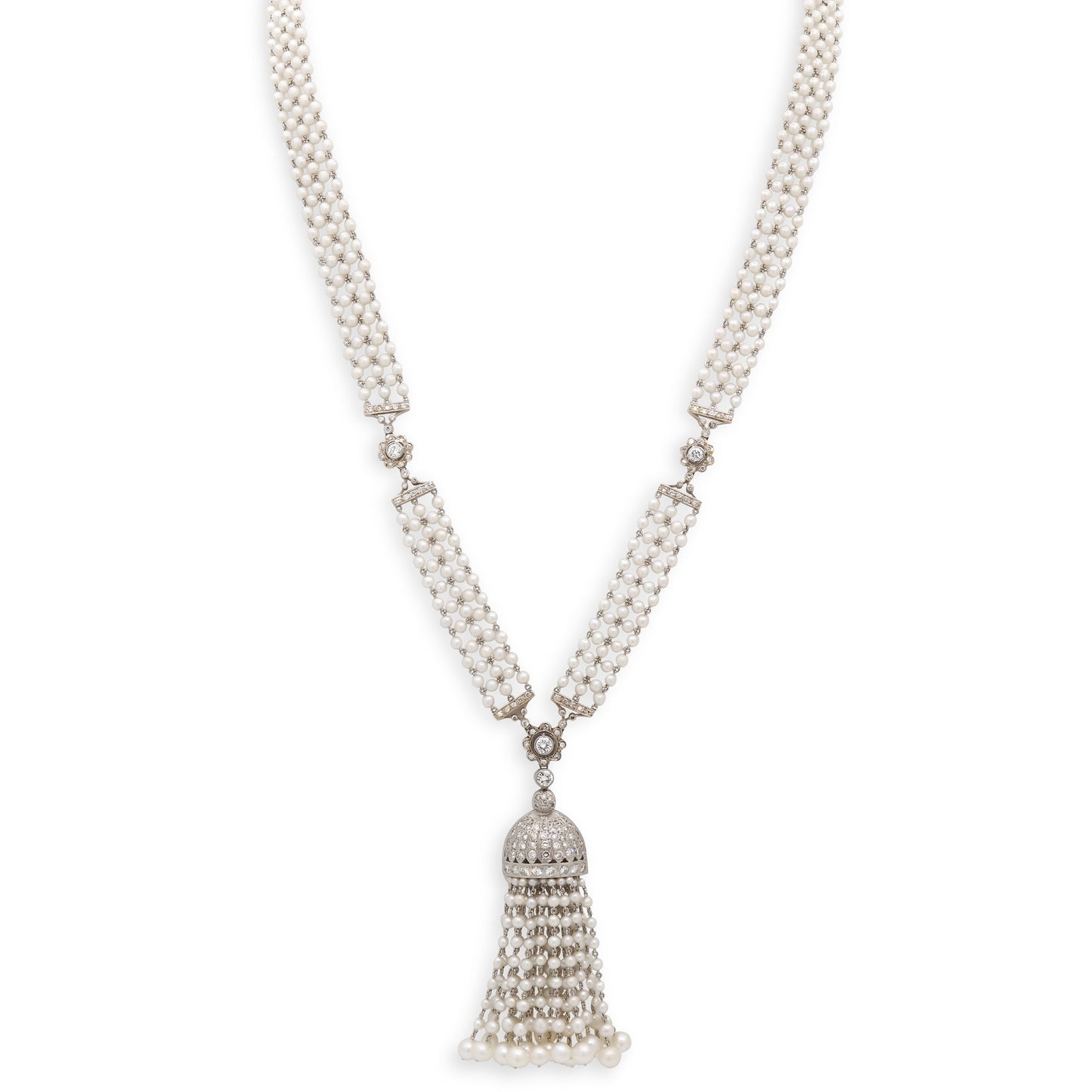 Diamond and Seed Pearl Tassel Necklace in Platinum