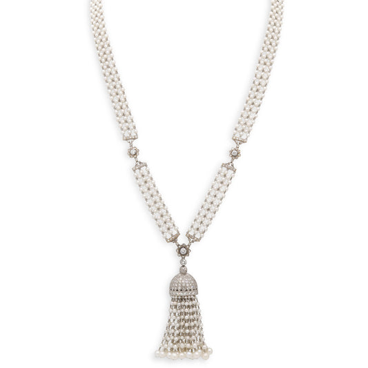 Diamond and Seed Pearl Tassel Necklace in Platinum