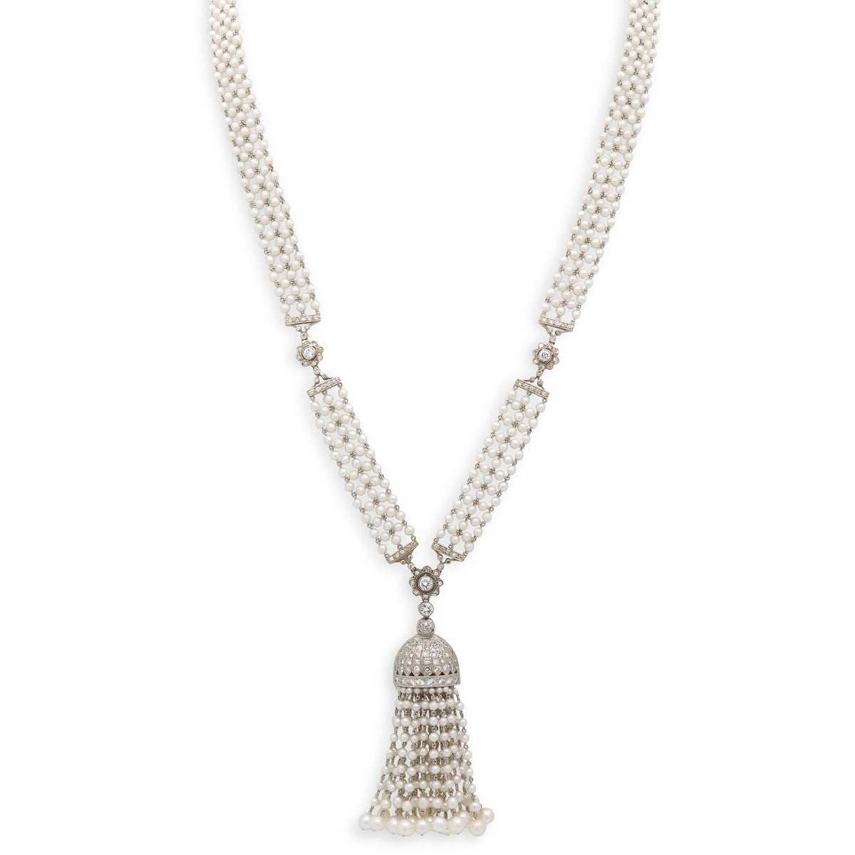 Diamond and Seed Pearl Tassel Necklace in Platinum