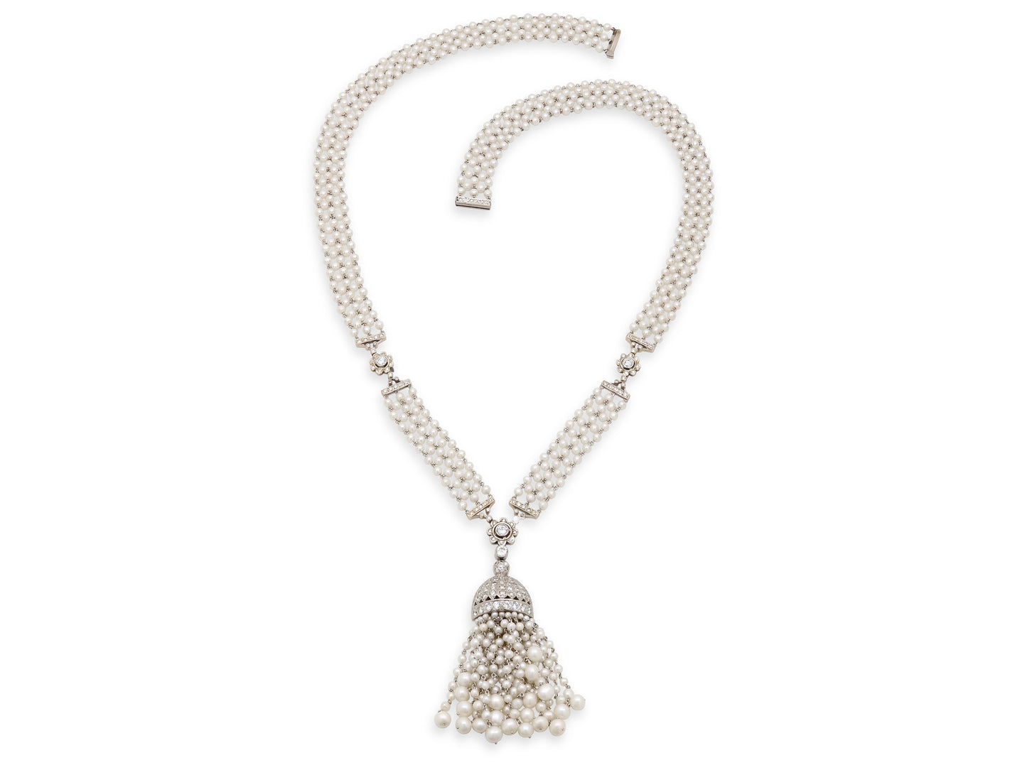 Diamond and Seed Pearl Tassel Necklace in Platinum