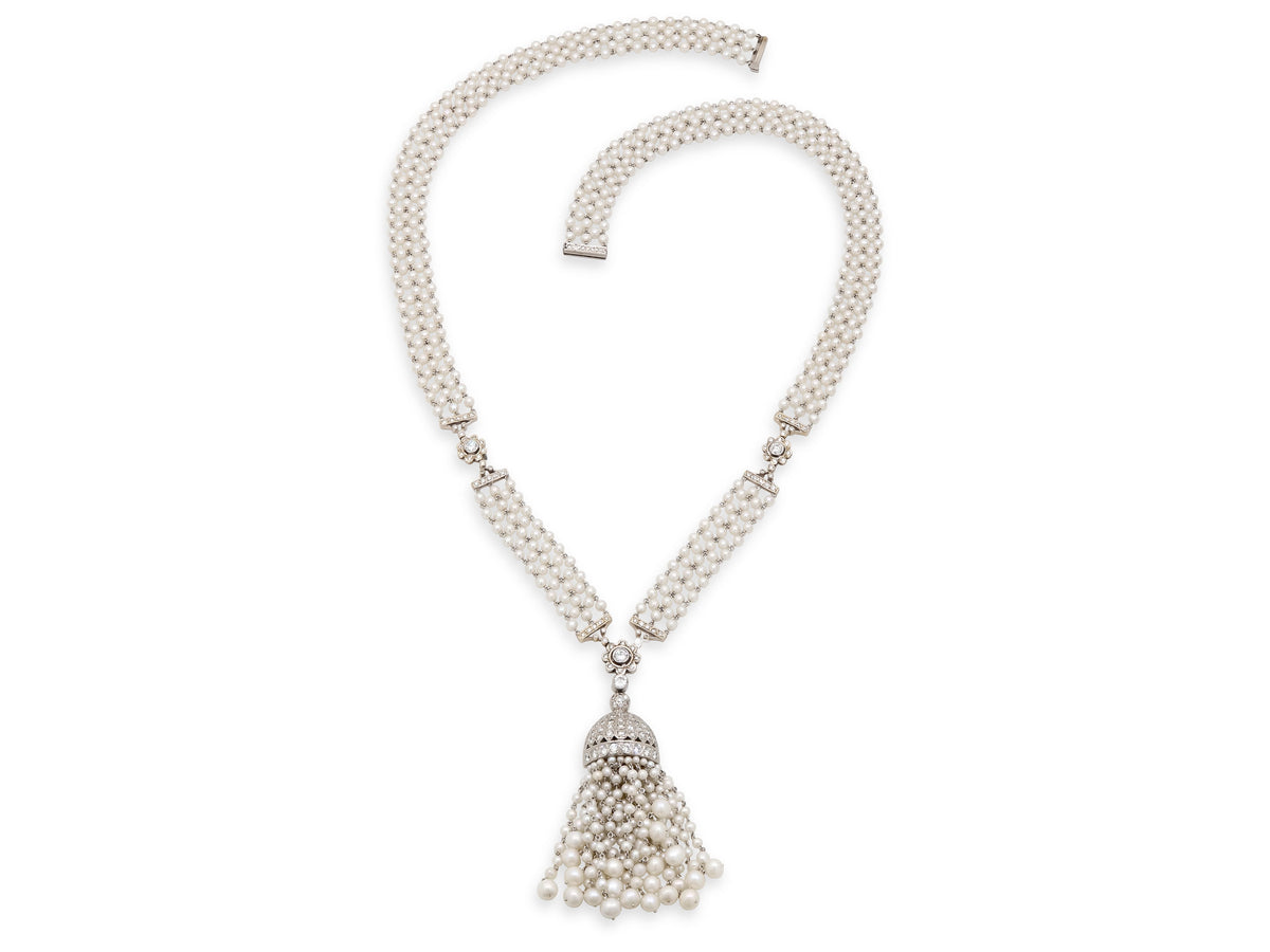 Diamond and Seed Pearl Tassel Necklace in Platinum