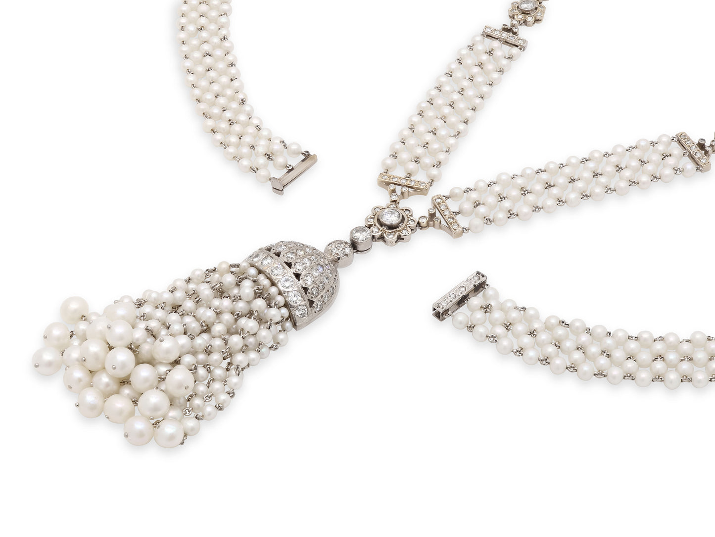 Diamond and Seed Pearl Tassel Necklace in Platinum