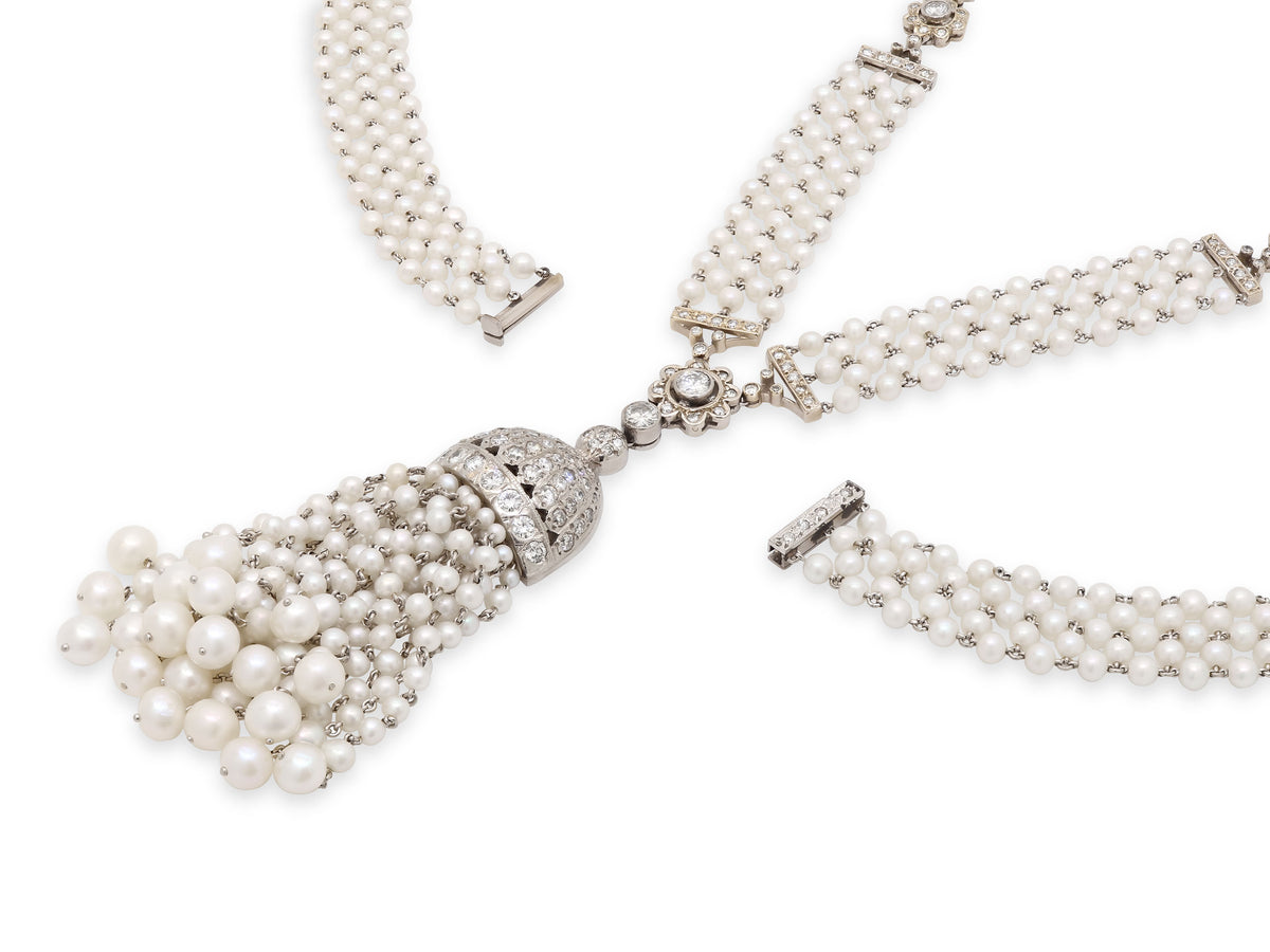 Diamond and Seed Pearl Tassel Necklace in Platinum