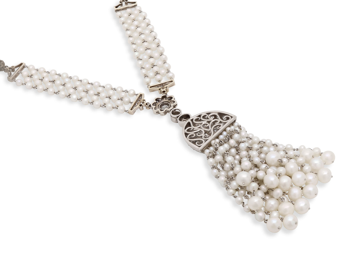 Diamond and Seed Pearl Tassel Necklace in Platinum