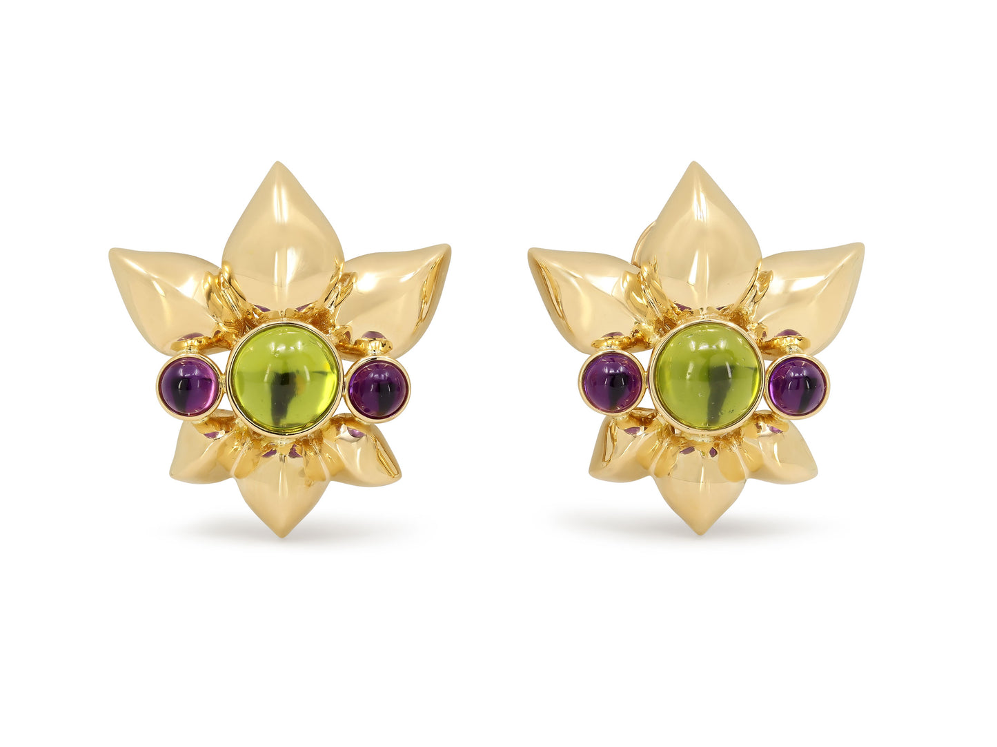 Verdura Peridot and Amethyst Floral Earrings in 18k Gold