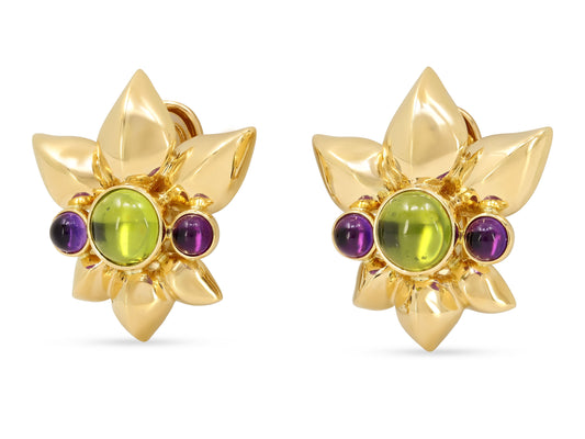 Verdura Peridot and Amethyst Floral Earrings in 18k Gold