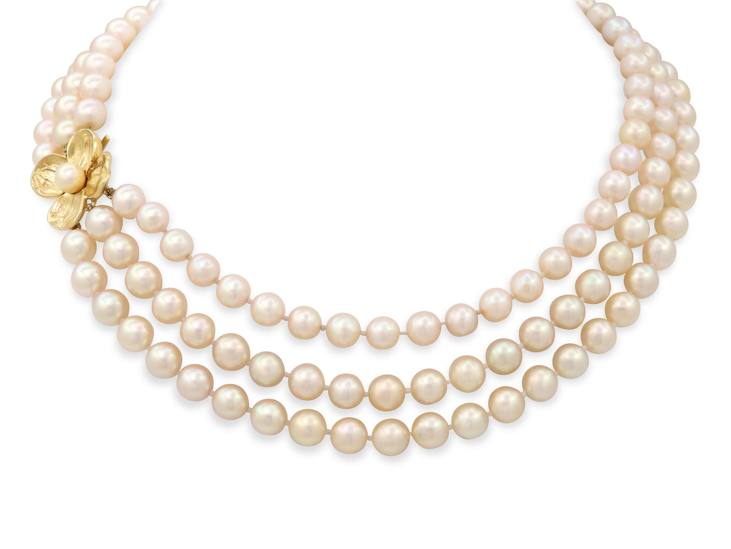 Triple-Strand Cultured Pearl Necklace in 18K Gold