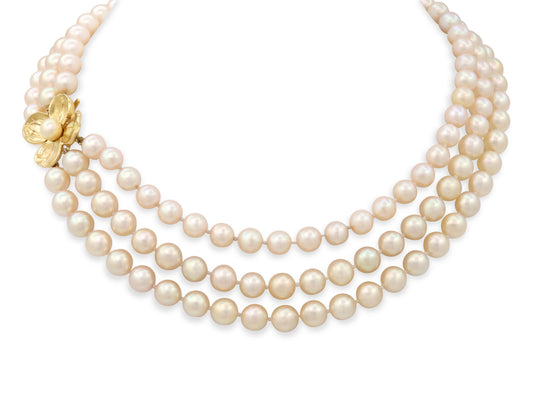 Triple-Strand Cultured Pearl Necklace in 18K Gold