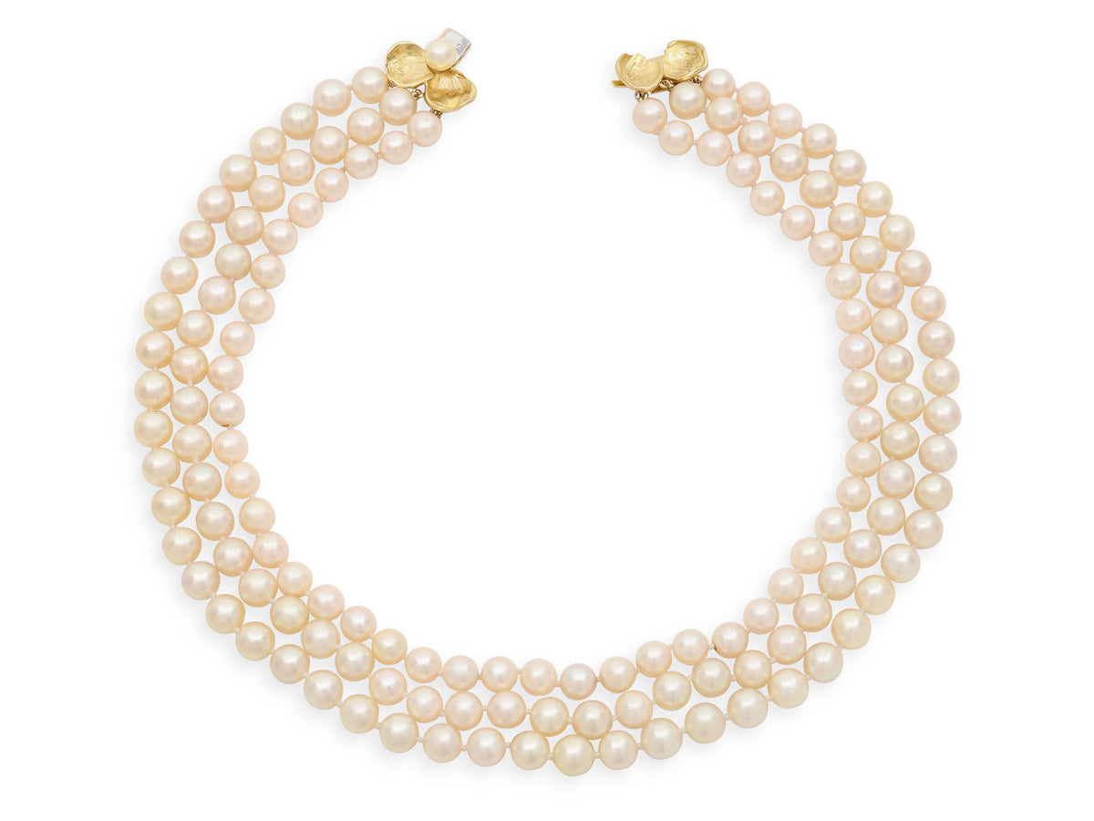 Triple-Strand Cultured Pearl Necklace in 18K Gold