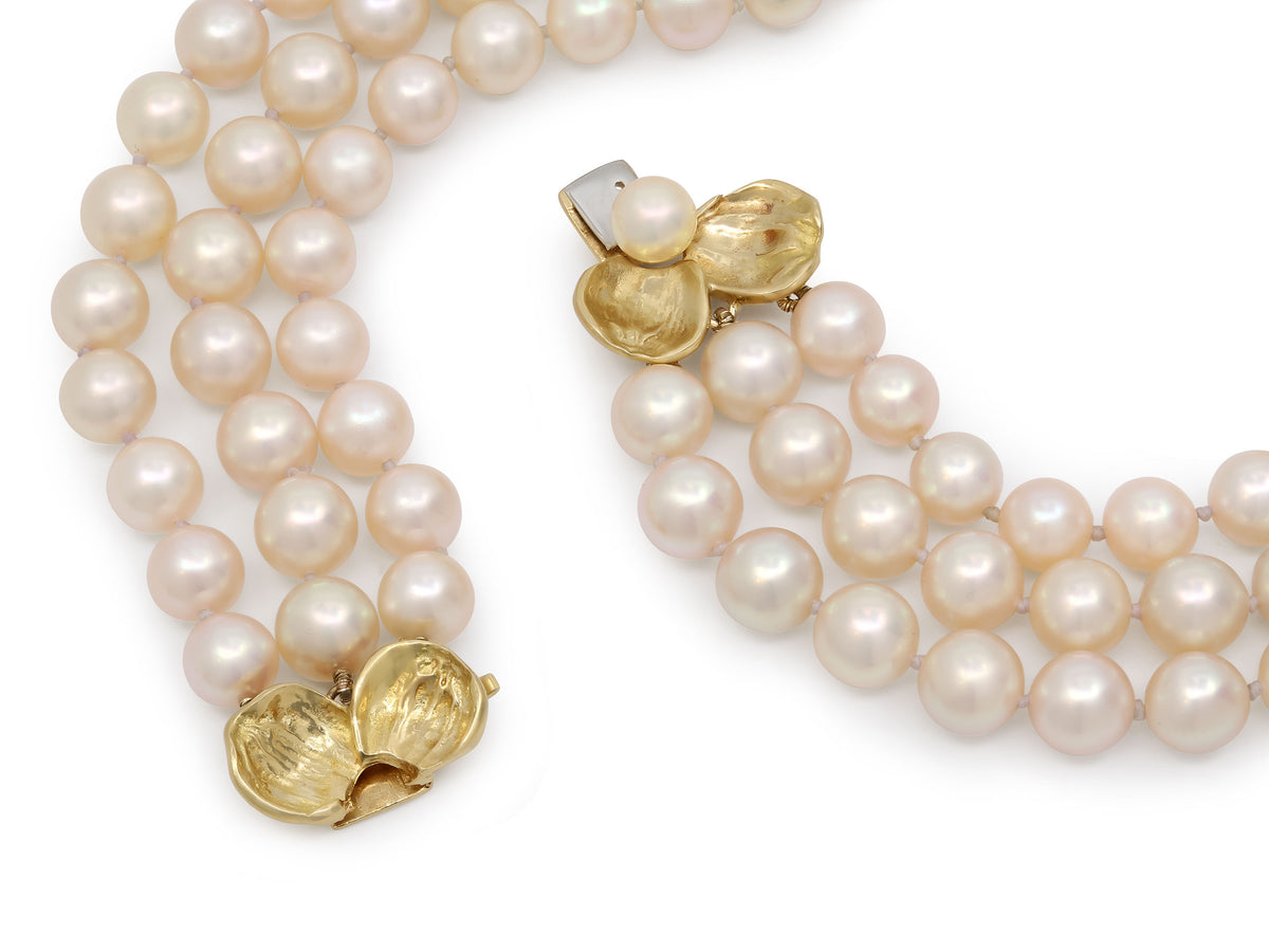 Triple-Strand Cultured Pearl Necklace in 18K Gold