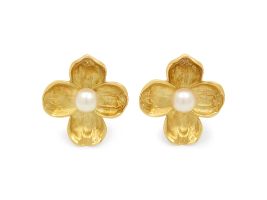 Cultured Pearl Flower Earrings in 18K Gold