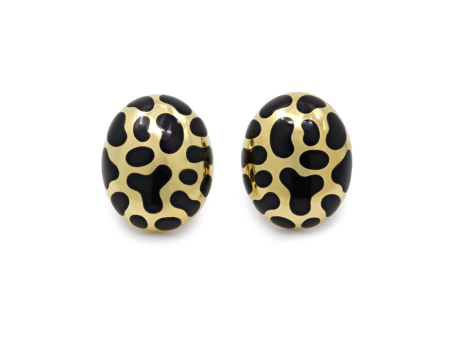 Angela Cummings Black Jade Earrings in 18K Gold, oval bombé earrings with black jade spots, Beladora Sold Archives