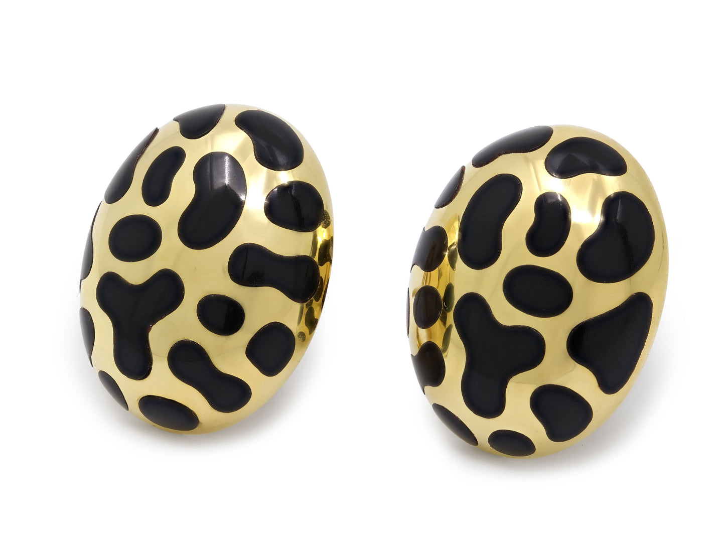 Angela Cummings Black Jade Earrings in 18K Gold, oval polished gold earrings with black jade spots, shown for Beladora Sold Archives