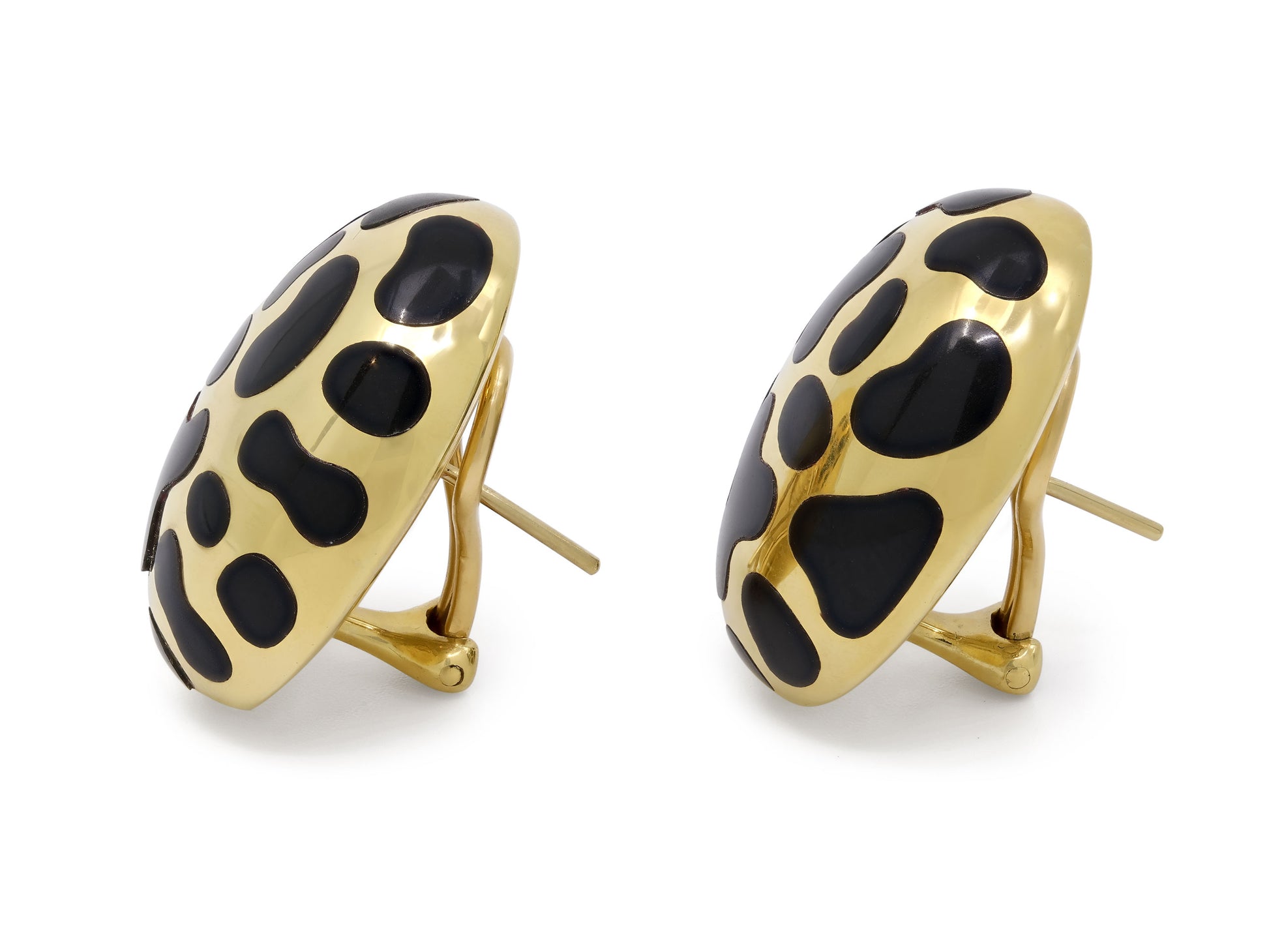 Angela Cummings Black Jade Earrings in 18K Gold, oval bombé earrings with black jade spots, posts and omega backs, from Beladora Sold Archives.