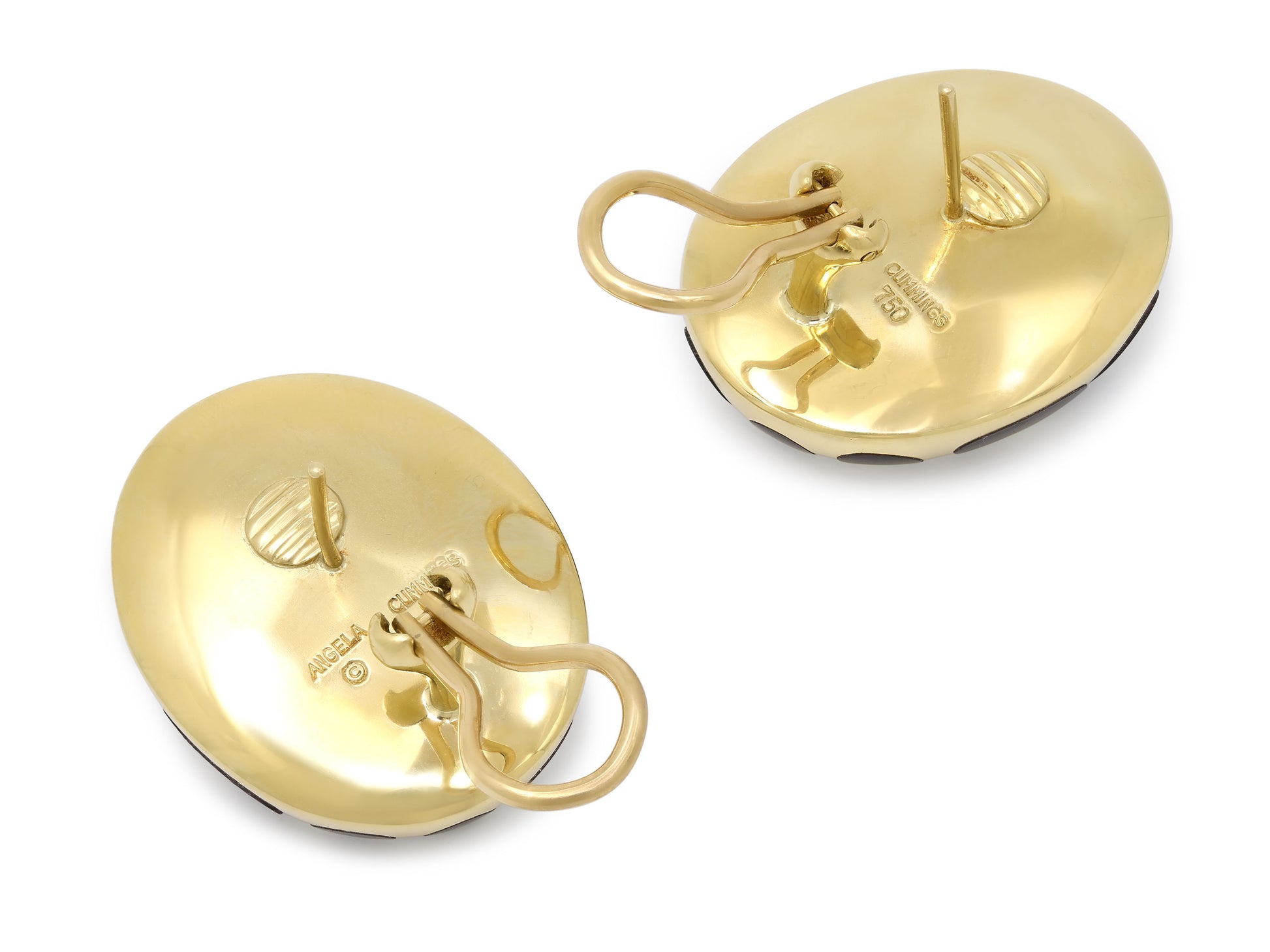 Angela Cummings Black Jade Earrings in 18K Gold, rear view of oval polished gold earrings with posts and omega backs, by Beladora from Sold Archives