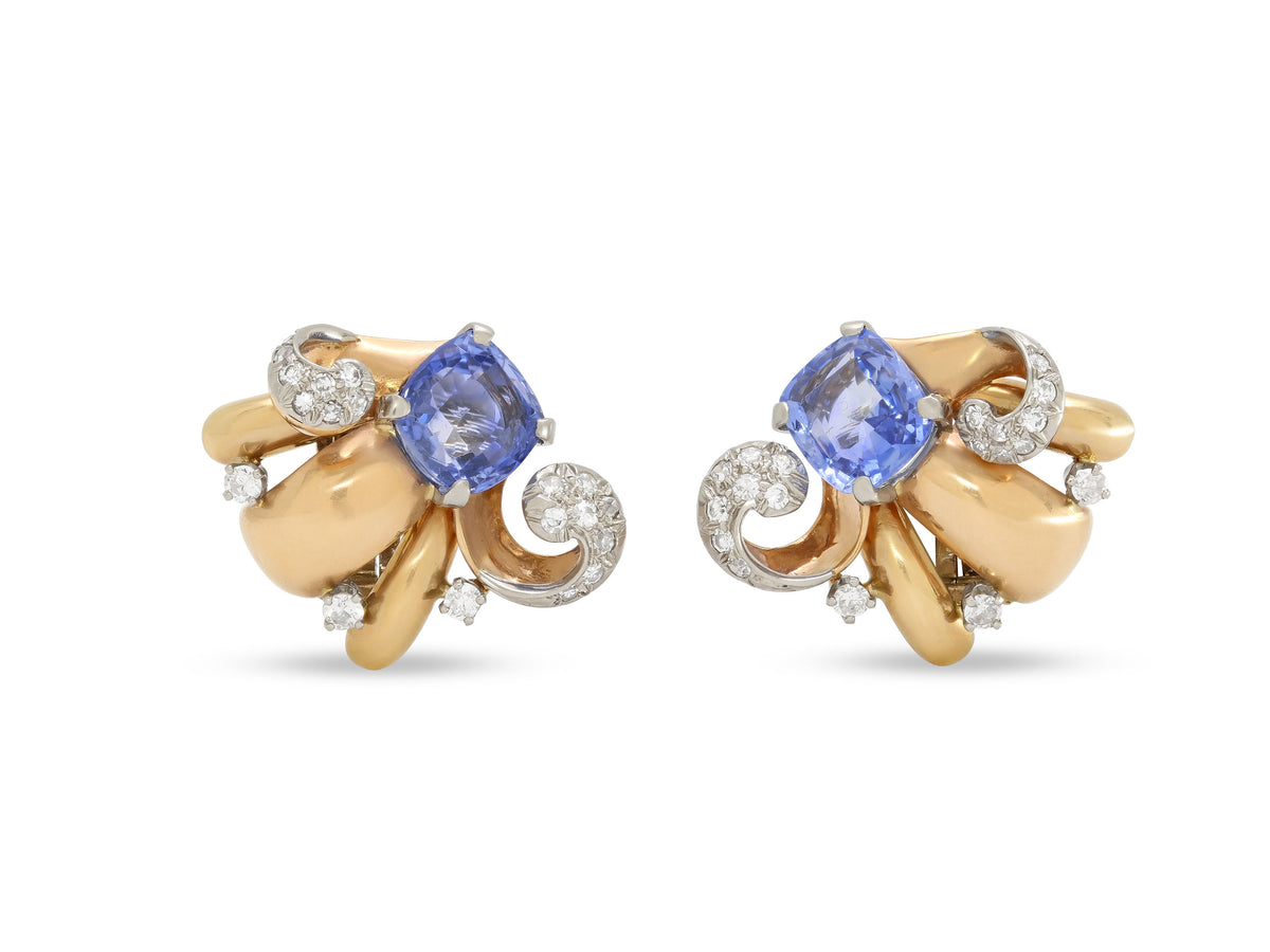 Retro Sapphire and Diamond Earrings in 14K Gold