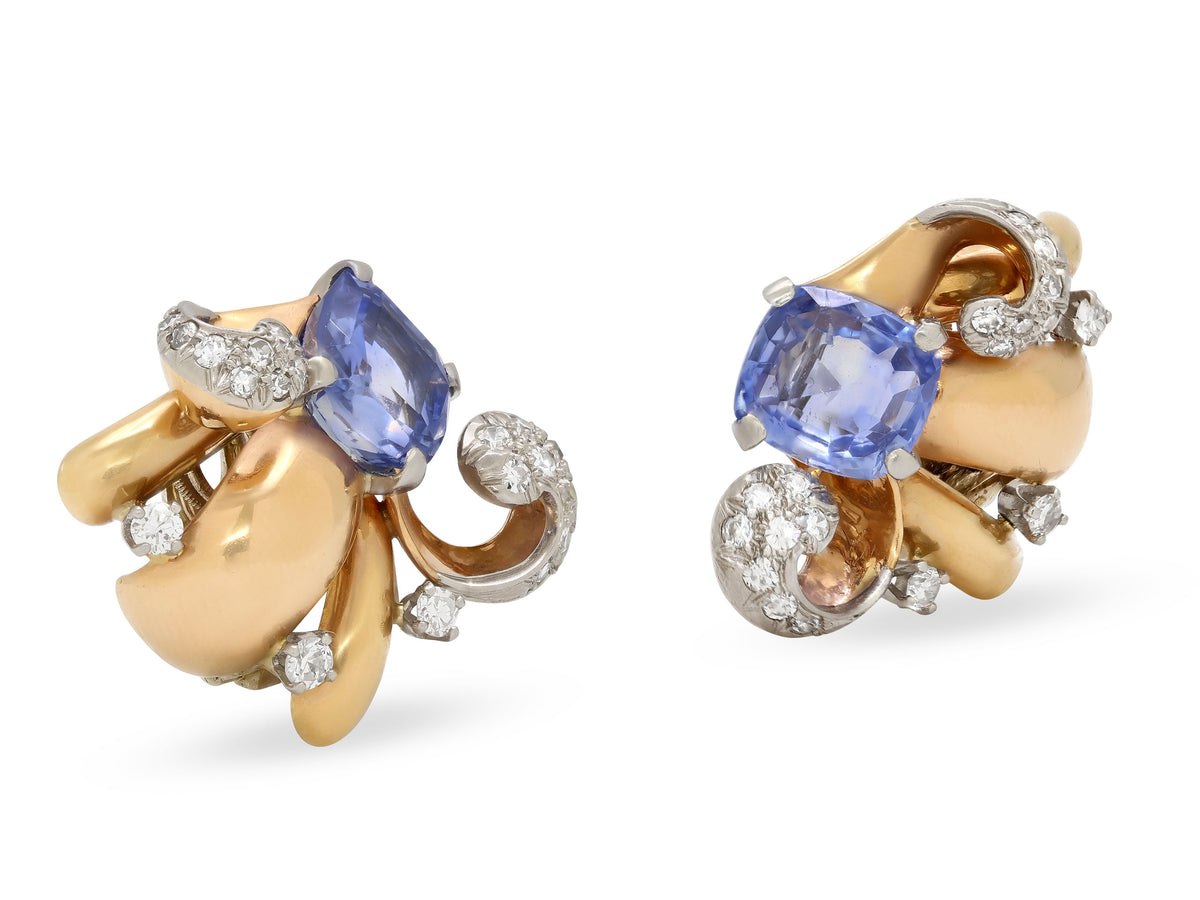 Retro Sapphire and Diamond Earrings in 14K Gold