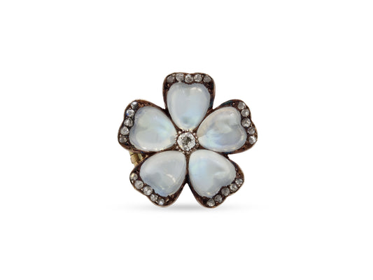 Antique Victorian Moonstone and Diamond Flower Brooch in Silver over Gold