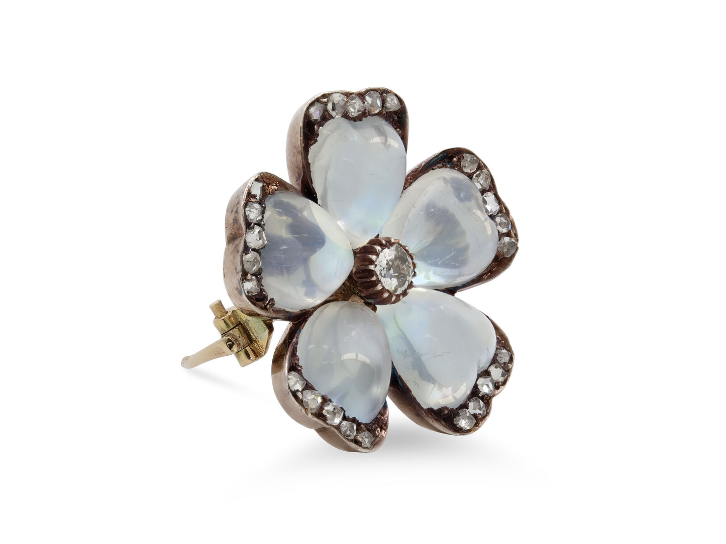 Antique Victorian Moonstone and Diamond Flower Brooch in Silver over Gold