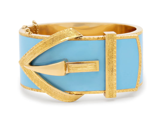 Antique-style Enamel Buckle Bangle Bracelet in 18K and 14K Gold