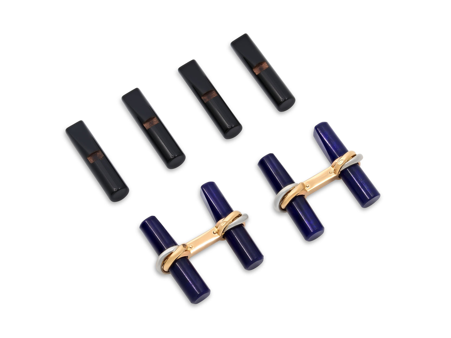 Cartier 'Trinity' Onyx and Lapis Baton Cufflinks in 18K Gold