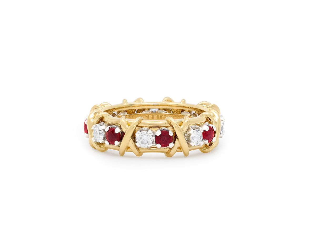 Tiffany & Co. Schlumberger 'Sixteen Stone' Diamond and Ruby Ring in 18K Gold and Platinum, featuring alternating gemstones and gold X motifs, Beladora