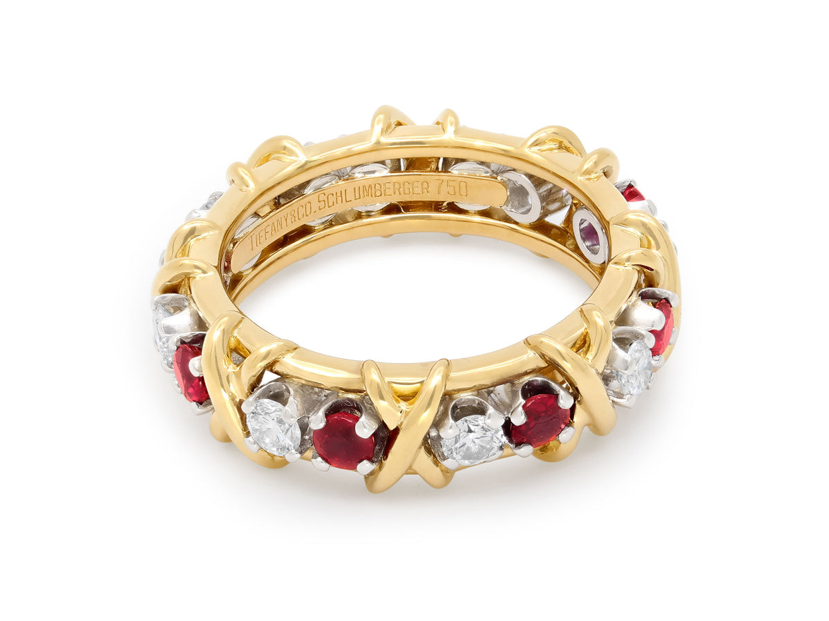 Tiffany & Co. Schlumberger 'Sixteen Stone' Diamond and Ruby Ring in 18K Gold and Platinum