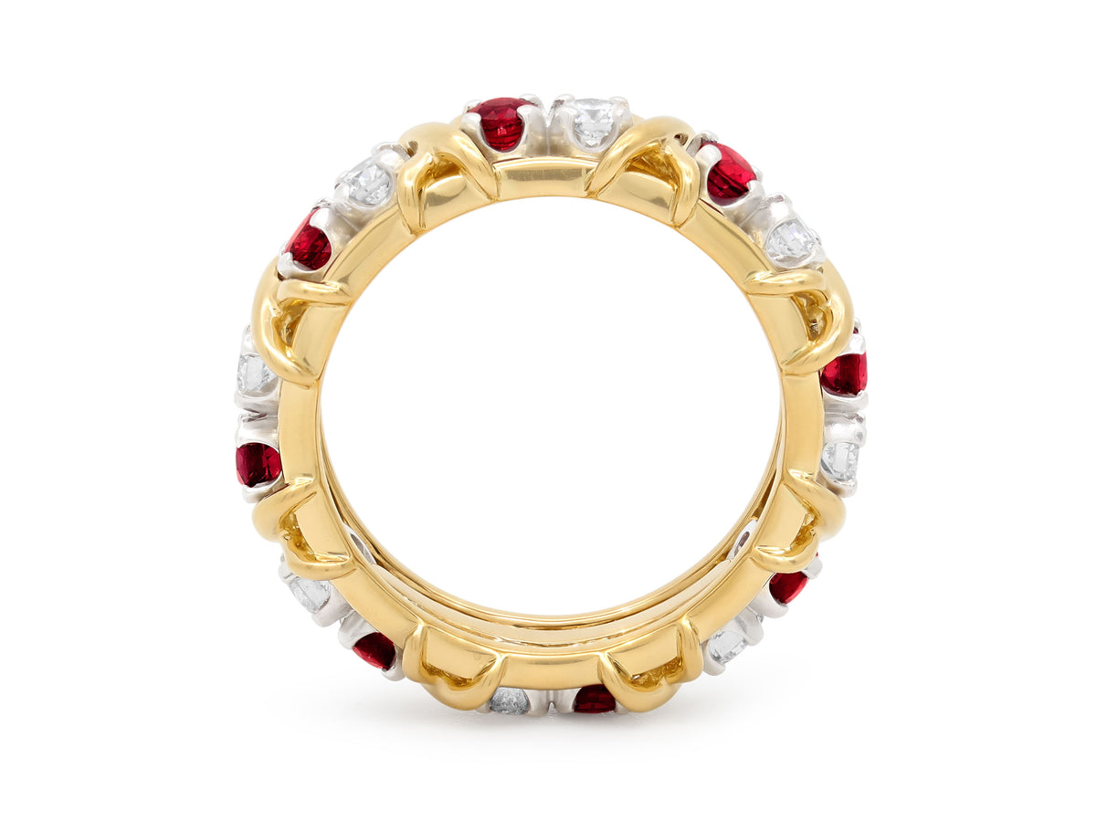 Tiffany & Co. Schlumberger 'Sixteen Stone' Diamond and Ruby Ring in 18K Gold and Platinum