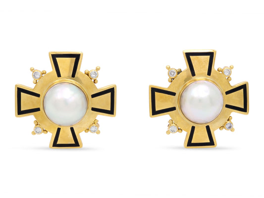 Pair of Elizabeth Gage Diamond and Mabe Pearl Cross Brooches in 18K Gold