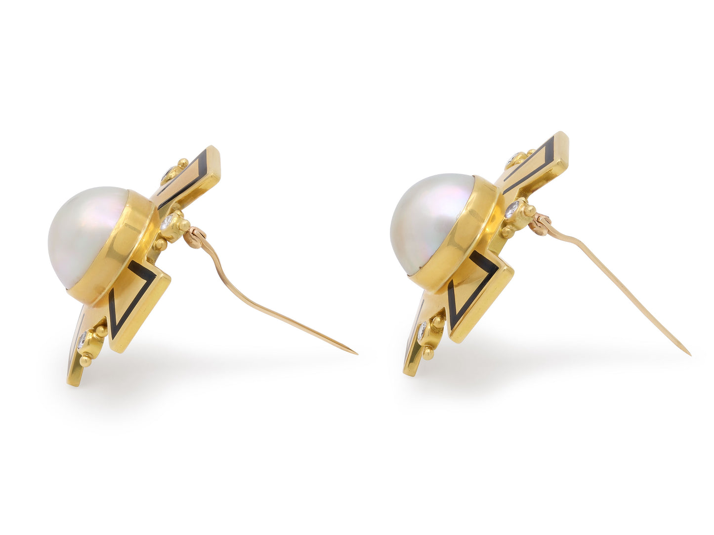 Pair of Elizabeth Gage Diamond and Mabe Pearl Cross Brooches in 18K Gold